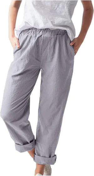 niuwa Cotton Linen Trousers for Women Elastic Waist Solid Color Casual Pants with Pockets Summer Boho Pants (Gray, XL)