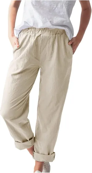 niuwa Cotton Linen Trousers for Women Elastic Waist Solid Color Casual Pants with Pockets Summer Boho Pants (Khaki, XL)