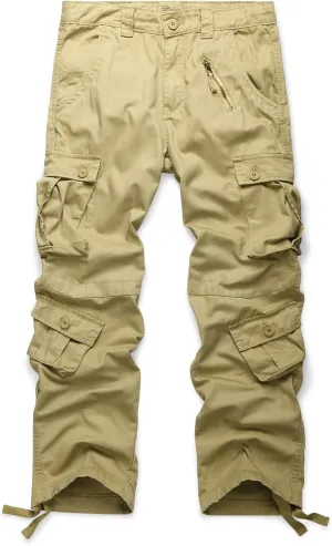 OCHENTA Men's Cotton Casual Cargo Work Pants Baggy Camo Tactical Combat Trousers with 8 Pockets (No Belt)