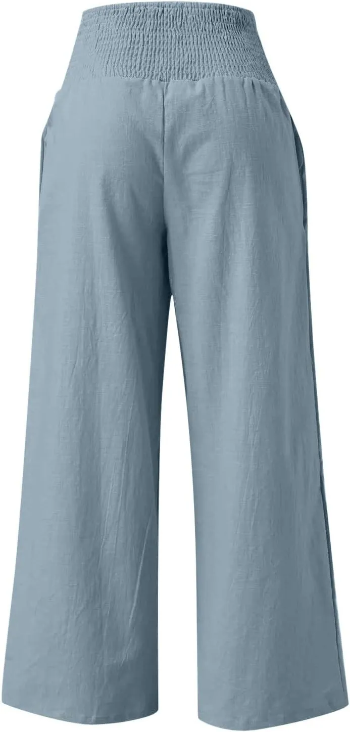 Palazzo Pants for Women Summer Wide Leg High Waist Linen Pants Loose Fitting Casual Flowy Trousers with Pockets