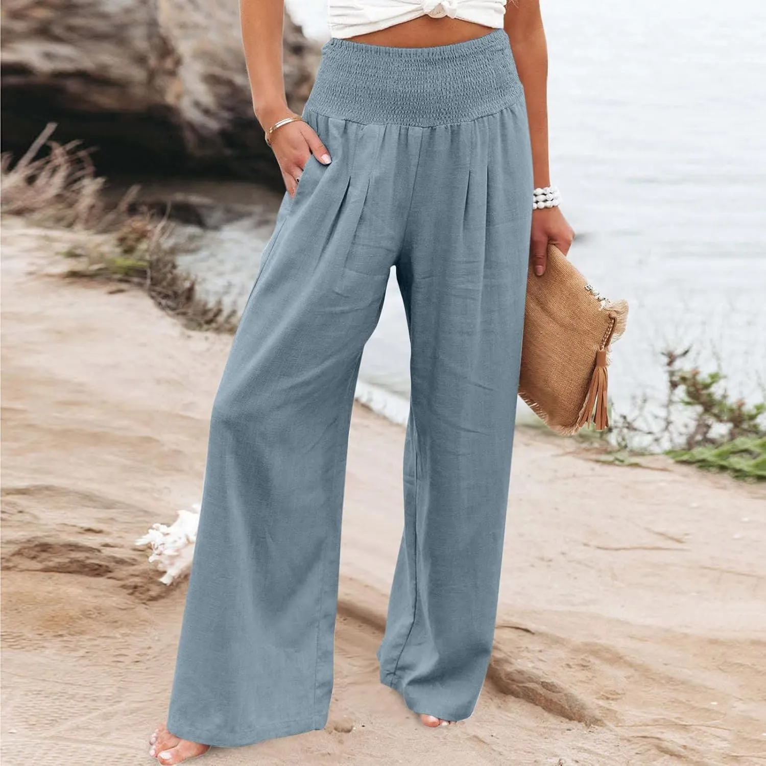 Palazzo Pants for Women Summer Wide Leg High Waist Linen Pants Loose Fitting Casual Flowy Trousers with Pockets