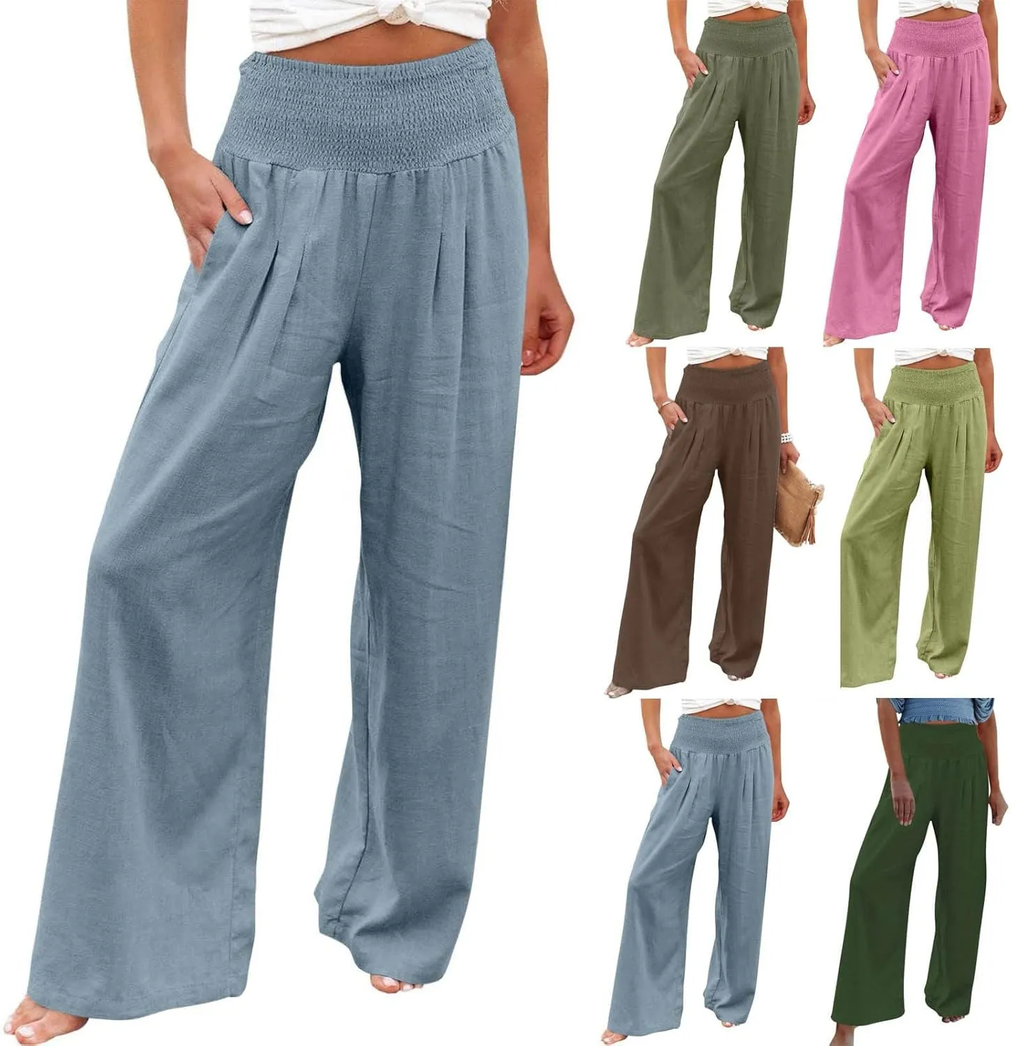 Palazzo Pants for Women Summer Wide Leg High Waist Linen Pants Loose Fitting Casual Flowy Trousers with Pockets