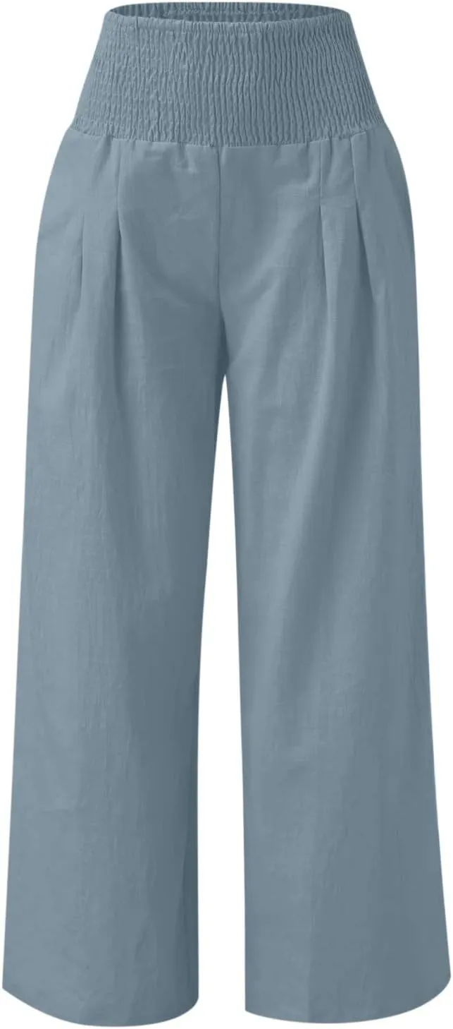 Palazzo Pants for Women Summer Wide Leg High Waist Linen Pants Loose Fitting Casual Flowy Trousers with Pockets