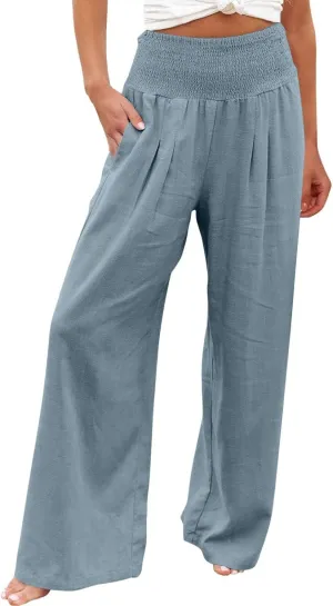 Palazzo Pants for Women Summer Wide Leg High Waist Linen Pants Loose Fitting Casual Flowy Trousers with Pockets