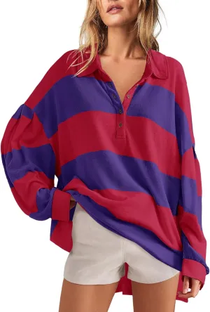 Panadila Womens Long Sleeve Striped Shirt Oversized Polo Shirts Casual V Neck T Shirt Loose Fit Tunic Tops