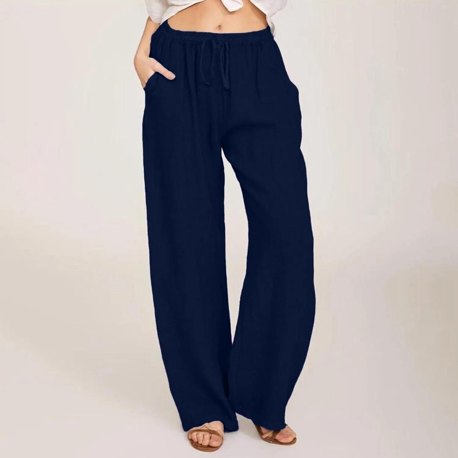 Pants for Women, Linen Pants Wide Leg Straight Drawstring High Waisted Palazzo