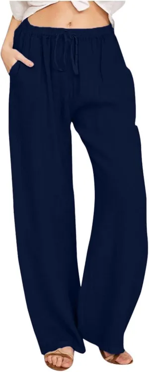 Pants for Women, Linen Pants Wide Leg Straight Drawstring High Waisted Palazzo