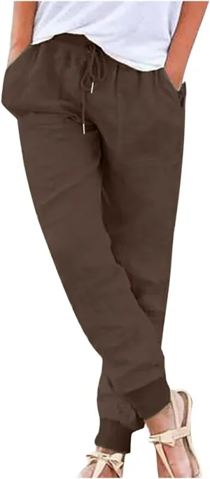 Pants for Women Tapered Leg Elastic Waist Linen Pants Jogger Cotton Linen Trendy Comfy Palazzo Trousers with Pockets