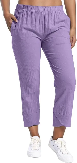 Petite Linen Pants for Women Casual Loose Elastic High Waisted Straight Long Trousers Summer Beach Travel Vacation