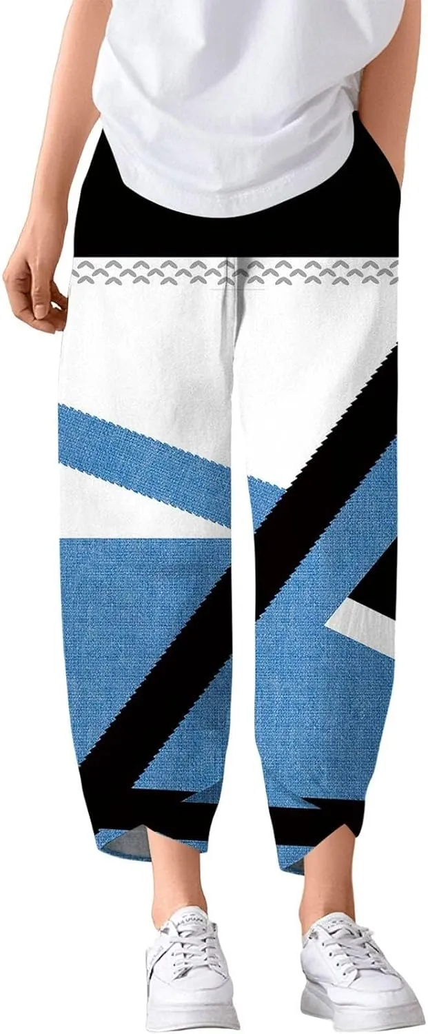 Petite Linen Pants Summer Wide Leg Hight Waisted Capri Pants Cotton Linen Comfy Cropped Palazzo Trousers with Pockets