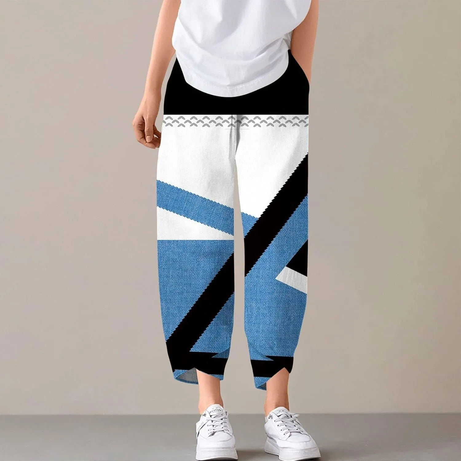 Petite Linen Pants Summer Wide Leg Hight Waisted Capri Pants Cotton Linen Comfy Cropped Palazzo Trousers with Pockets