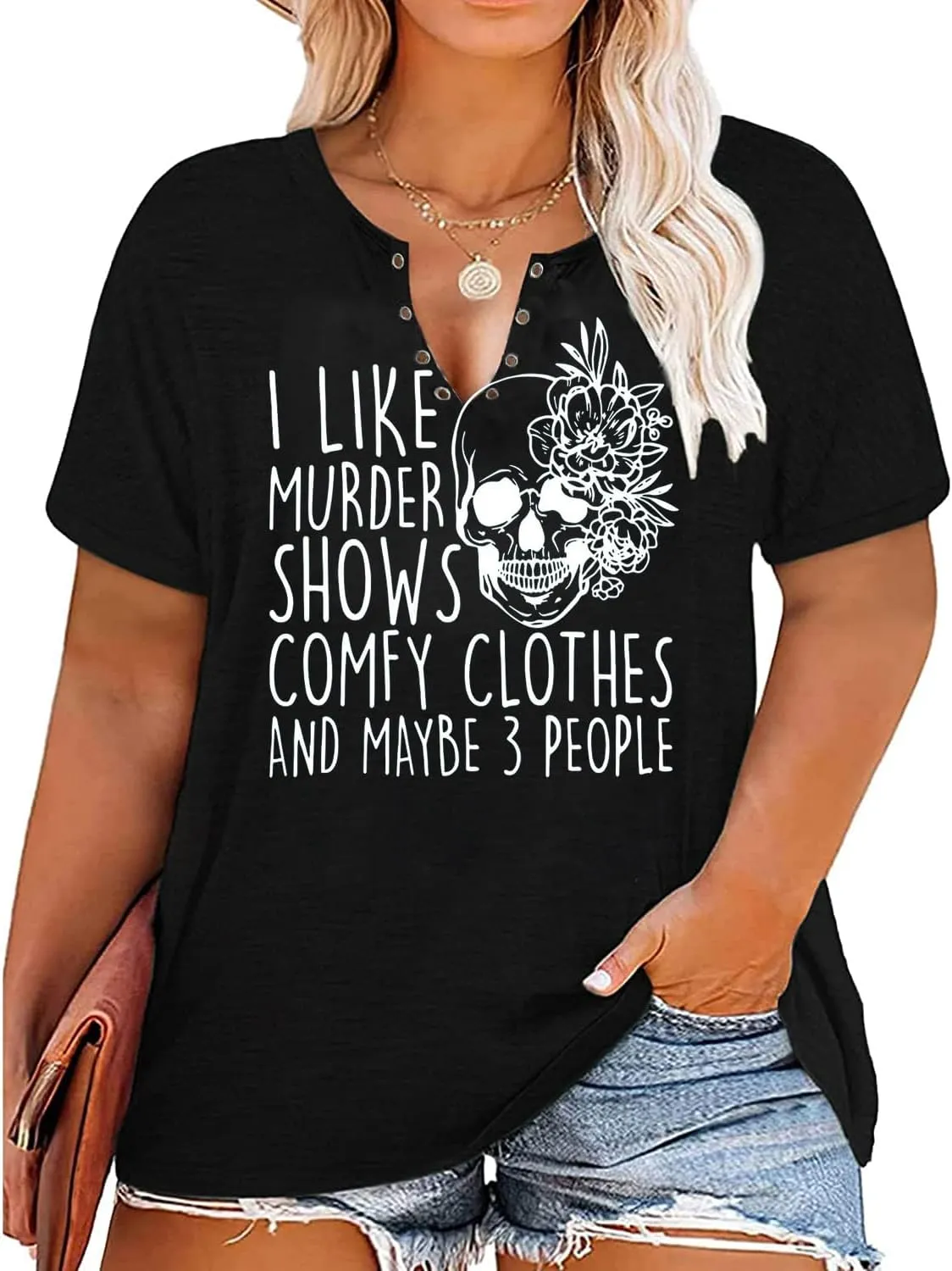 Plus Size I Like Murder Shows T-Shirt Women Novelty Halloween Horror Shirt Skull Casual Graphic Tees Tops