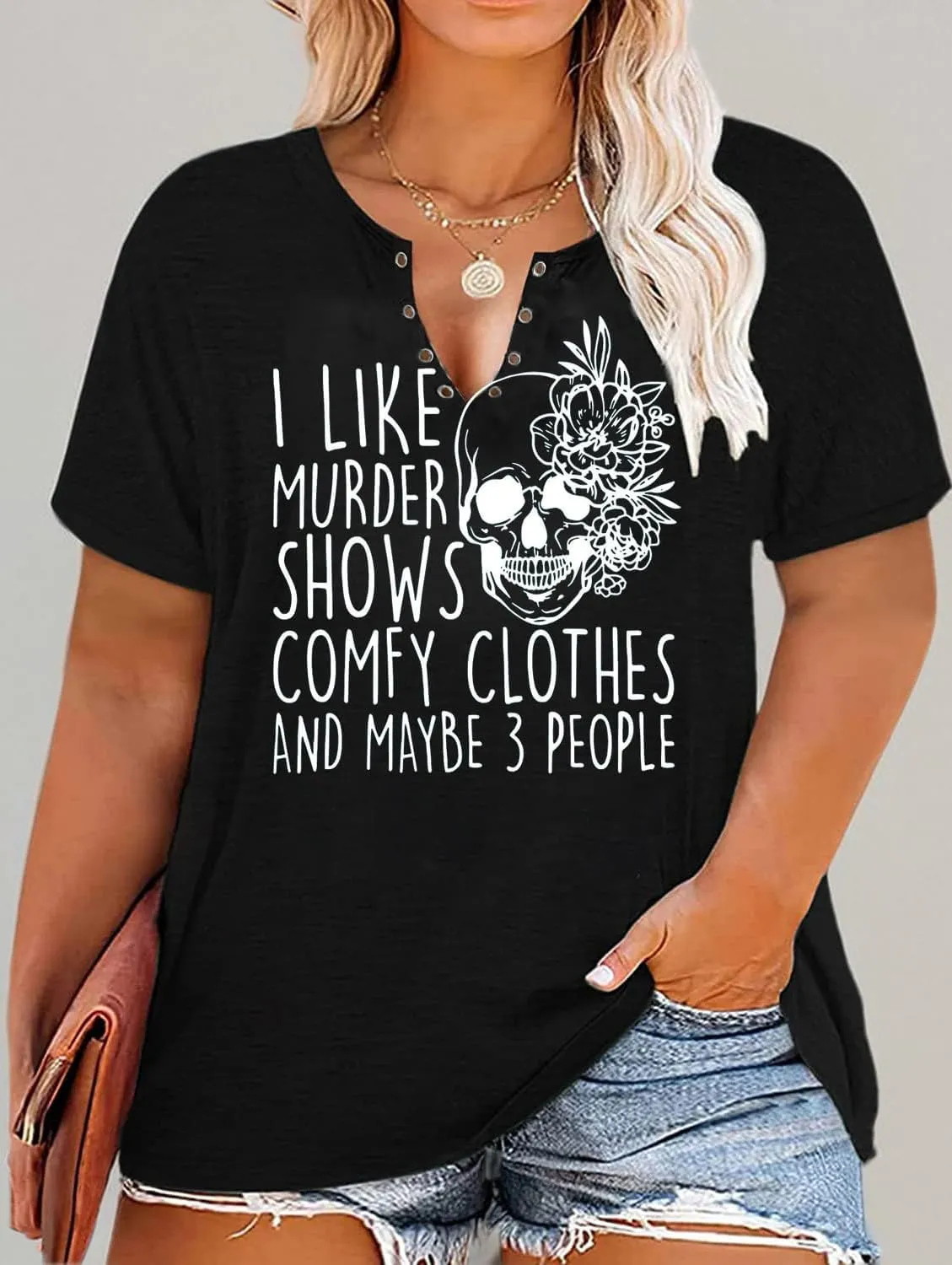 Plus Size I Like Murder Shows T-Shirt Women Novelty Halloween Horror Shirt Skull Casual Graphic Tees Tops