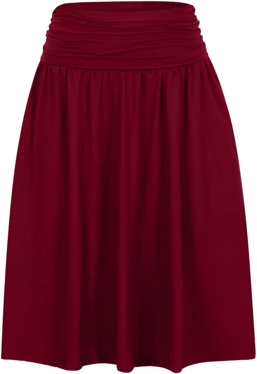 Plus Size Skirts for Women Knee Length Ruched Flowy Midi Skirt Loose Fit Casual Elastic High Waist Skirt with Pocket