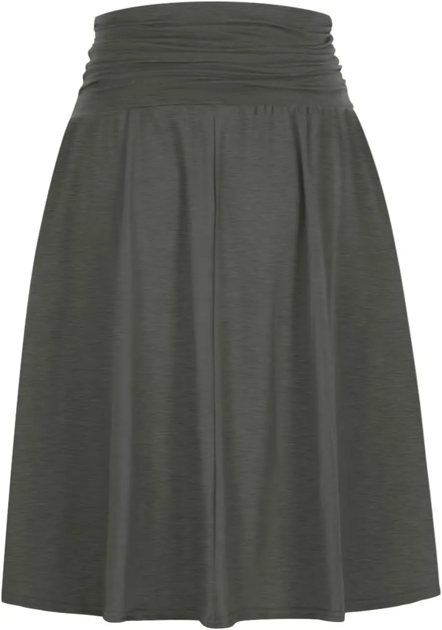 Plus Size Skirts for Women Knee Length Ruched Flowy Midi Skirt Loose Fit Casual Elastic High Waist Skirt with Pocket