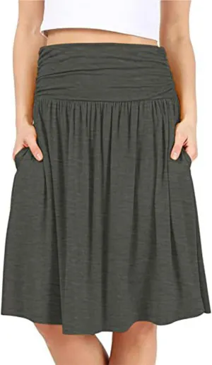 Plus Size Skirts for Women Knee Length Ruched Flowy Midi Skirt Loose Fit Casual Elastic High Waist Skirt with Pocket