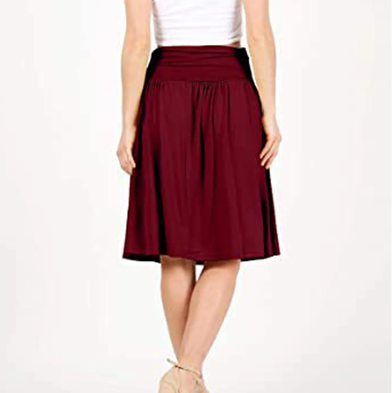 Plus Size Skirts for Women Knee Length Ruched Flowy Midi Skirt Loose Fit Casual Elastic High Waist Skirt with Pocket