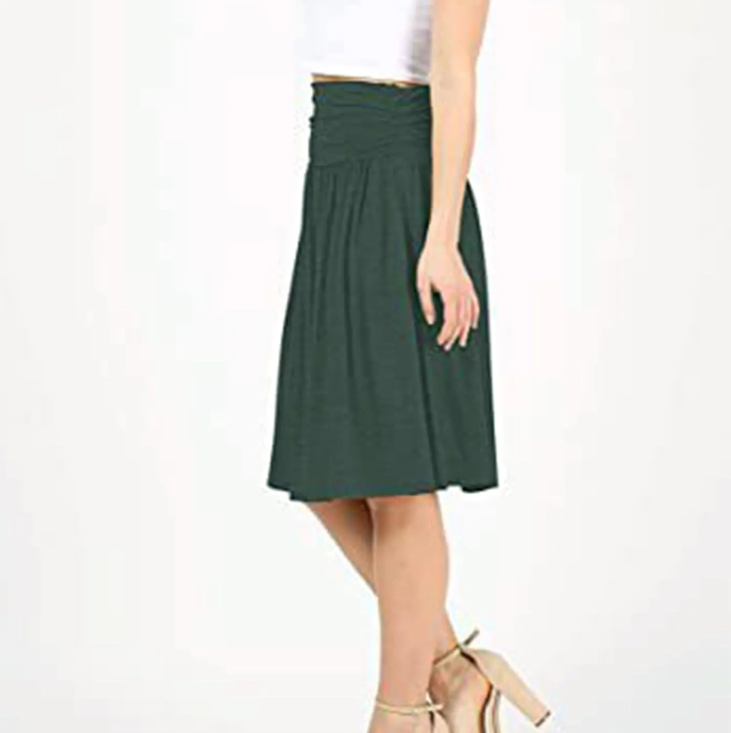 Plus Size Skirts for Women Knee Length Ruched Flowy Midi Skirt Loose Fit Casual Elastic High Waist Skirt with Pocket
