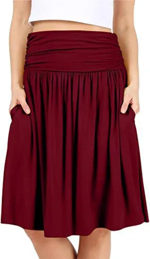 Plus Size Skirts for Women Knee Length Ruched Flowy Midi Skirt Loose Fit Casual Elastic High Waist Skirt with Pocket