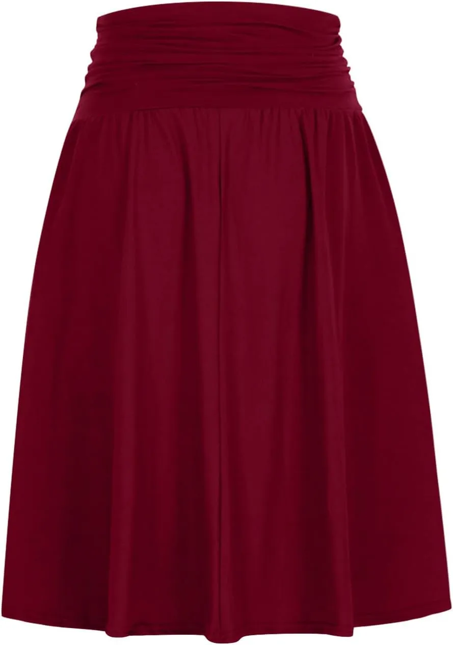 Plus Size Skirts for Women Knee Length Ruched Flowy Midi Skirt Loose Fit Casual Elastic High Waist Skirt with Pocket