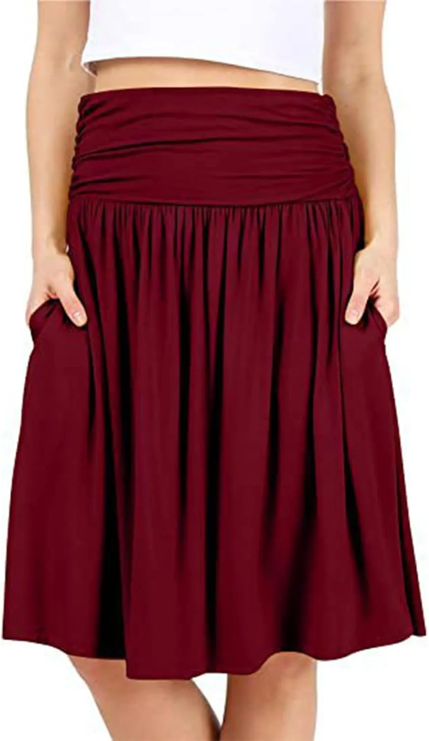 Plus Size Skirts for Women Knee Length Ruched Flowy Midi Skirt Loose Fit Casual Elastic High Waist Skirt with Pocket