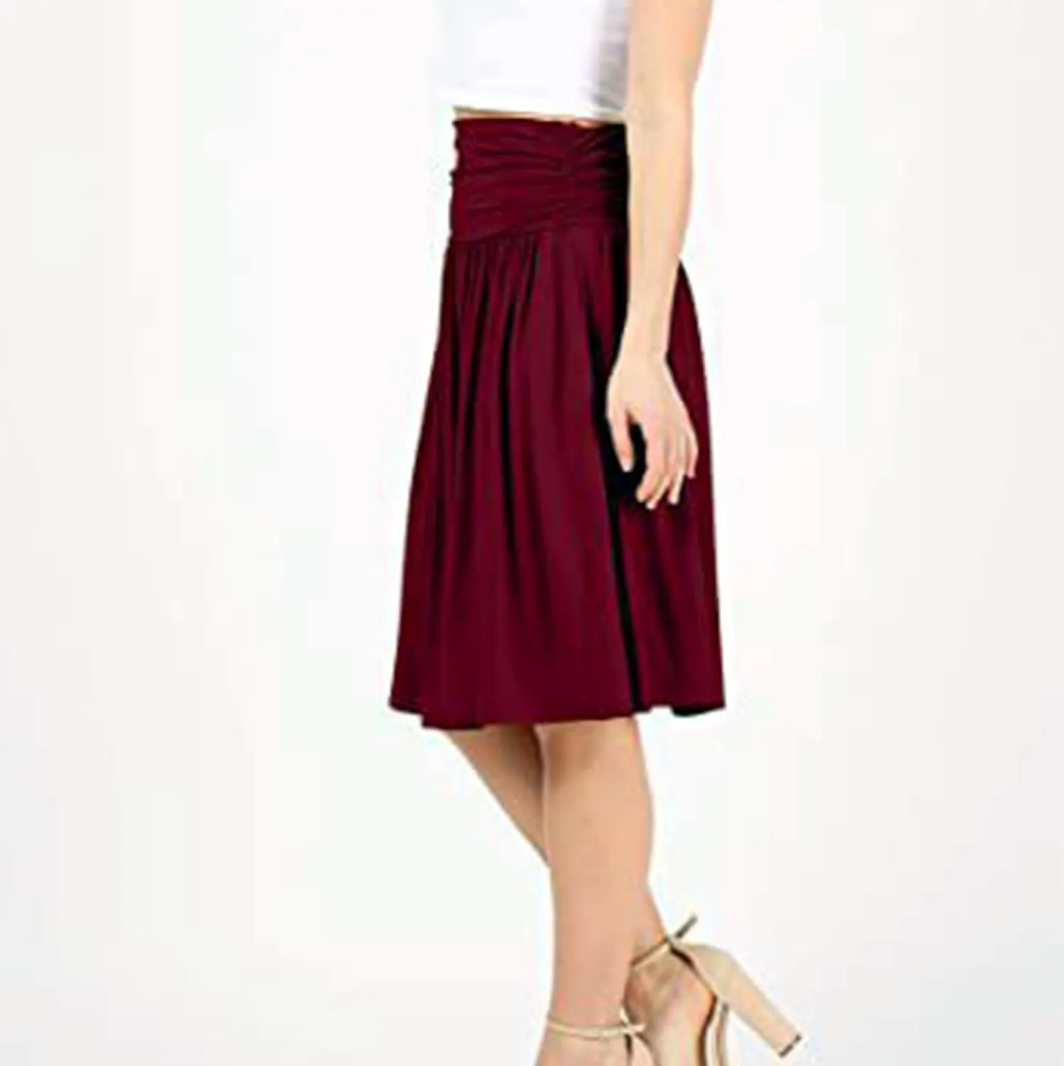 Plus Size Skirts for Women Knee Length Ruched Flowy Midi Skirt Loose Fit Casual Elastic High Waist Skirt with Pocket