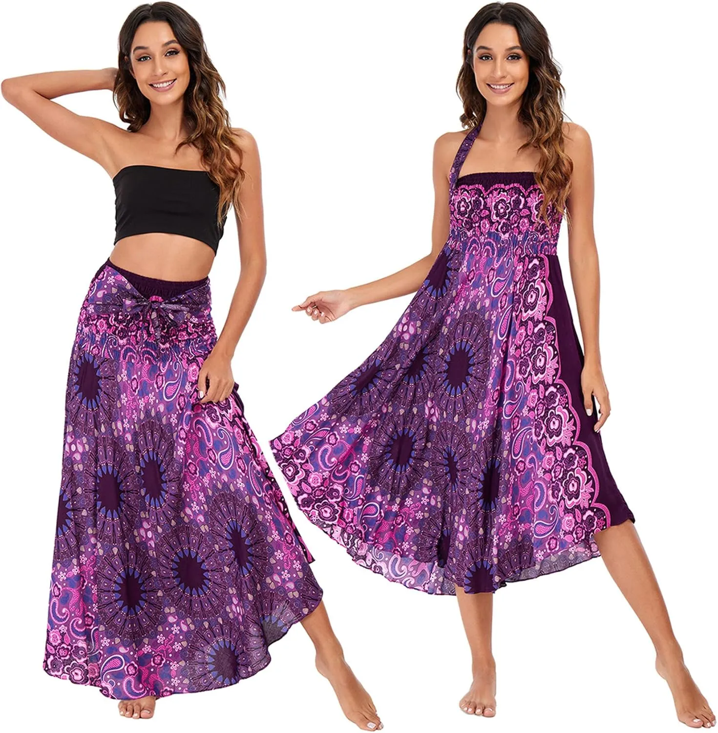 PNKJ Women Boho Elephant Print Hippie Maxi Long Skirt Bohemian Summer Casual Beach Dress