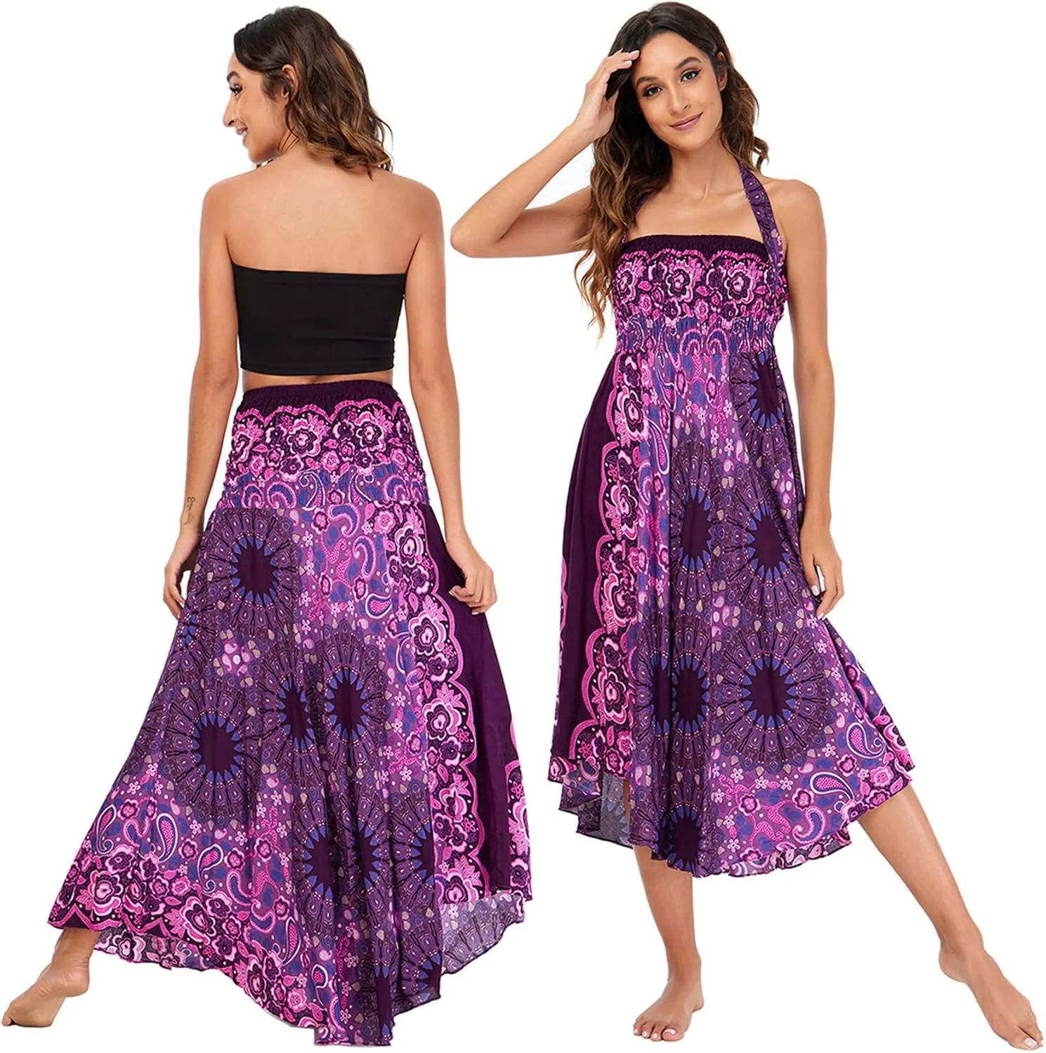 PNKJ Women Boho Elephant Print Hippie Maxi Long Skirt Bohemian Summer Casual Beach Dress