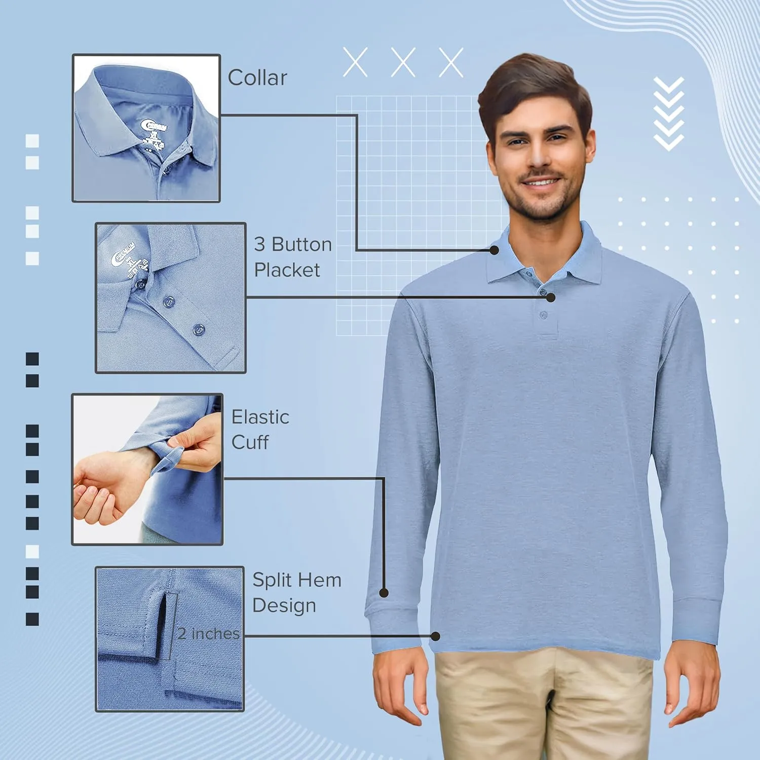 Premium Wear Long Sleeve Polo Shirt for Men, Cotton-Blend Fabric Golf Shirt with Collar, 3-Button Placket, Stain Guard