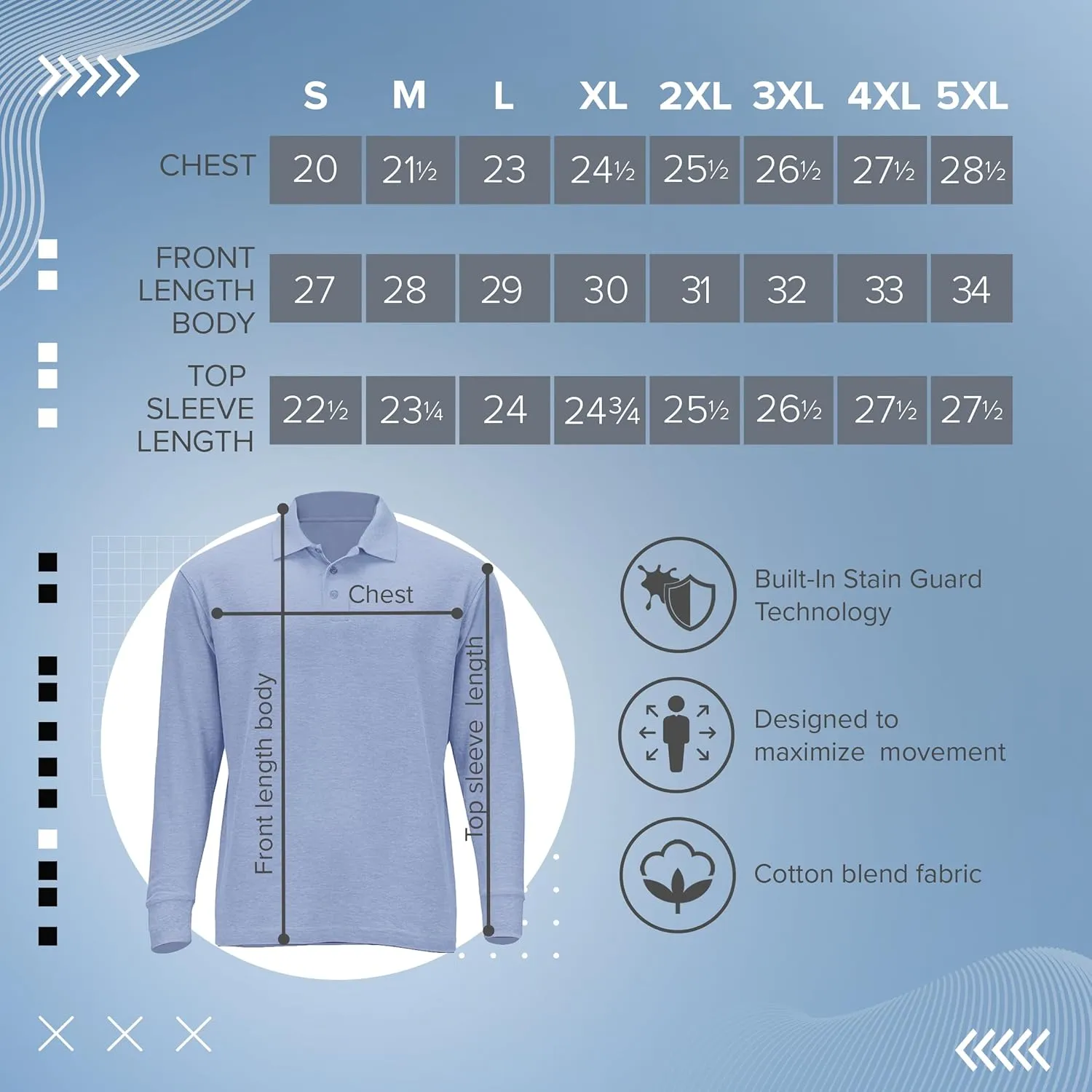 Premium Wear Long Sleeve Polo Shirt for Men, Cotton-Blend Fabric Golf Shirt with Collar, 3-Button Placket, Stain Guard