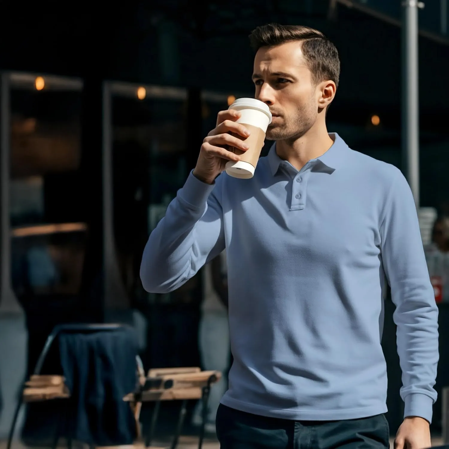 Premium Wear Long Sleeve Polo Shirt for Men, Cotton-Blend Fabric Golf Shirt with Collar, 3-Button Placket, Stain Guard