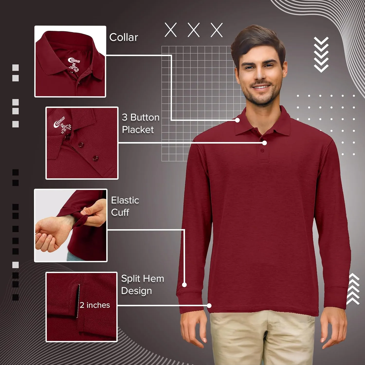 Premium Wear Long Sleeve Polo Shirt for Men, Cotton-Blend Fabric Golf Shirt with Collar, 3-Button Placket, Stain Guard