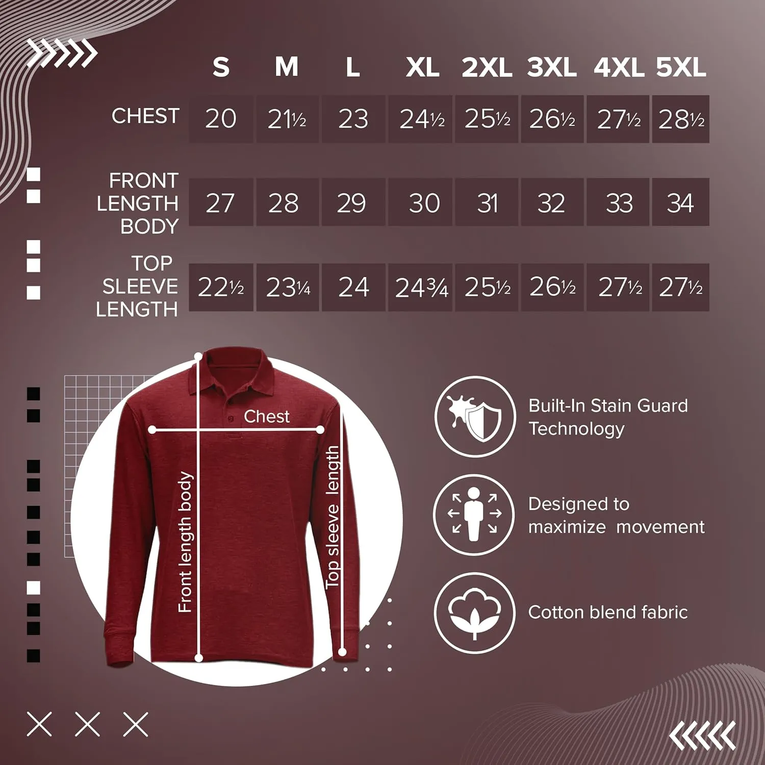 Premium Wear Long Sleeve Polo Shirt for Men, Cotton-Blend Fabric Golf Shirt with Collar, 3-Button Placket, Stain Guard