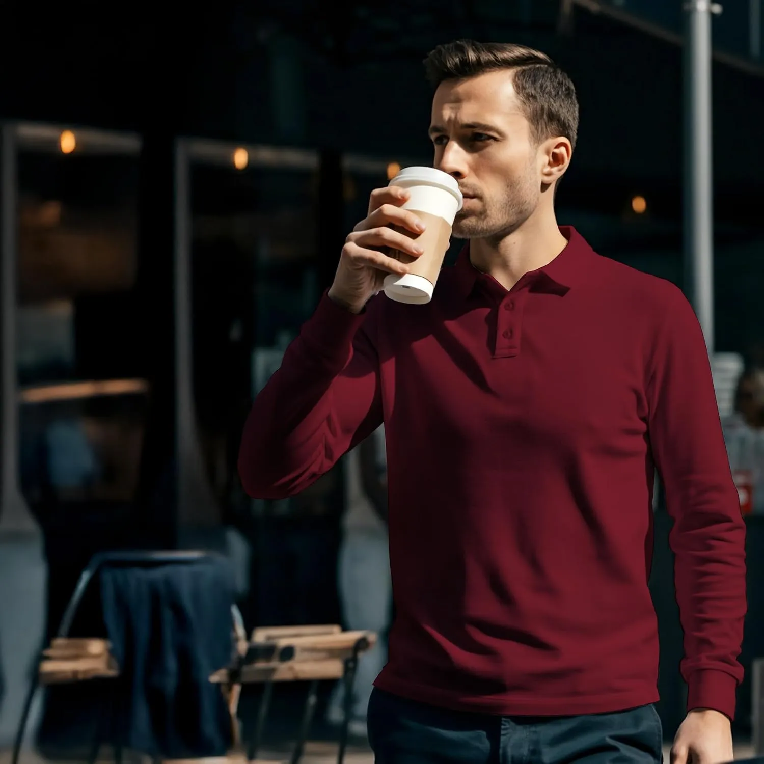 Premium Wear Long Sleeve Polo Shirt for Men, Cotton-Blend Fabric Golf Shirt with Collar, 3-Button Placket, Stain Guard
