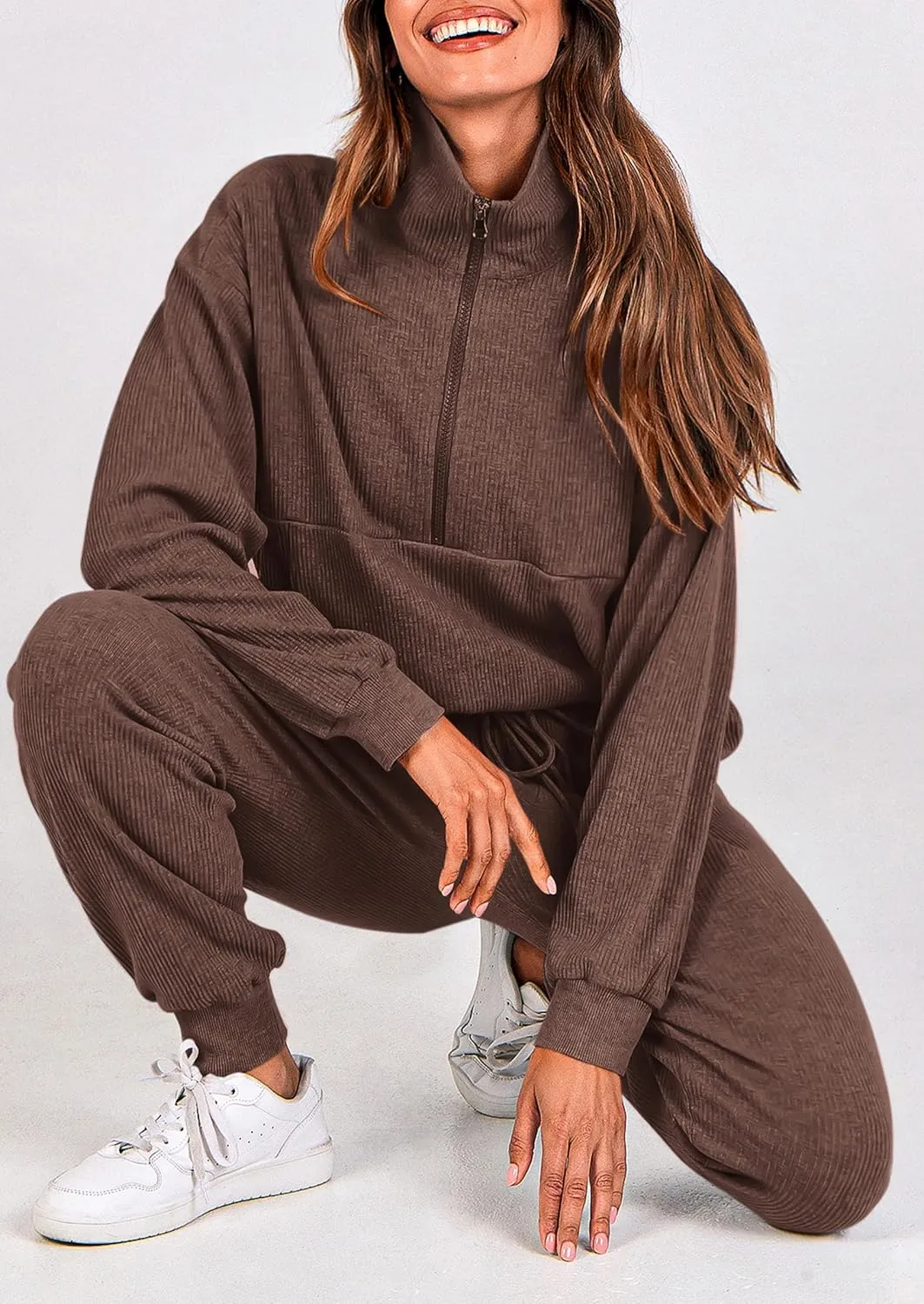 PRETTYGARDEN Womens 2 Piece Sweatsuits Set Long Sleeve Half Zip Pullover Sweatshirt Joggers Sweatpants Fall Outfits Tracksuit