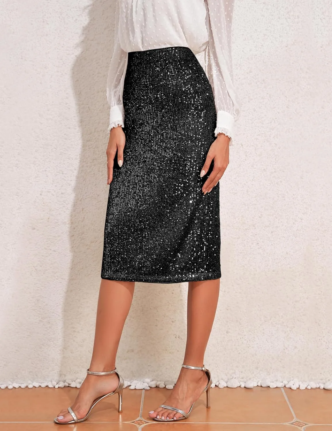 PrettyGuide Women's Sparkly Sequin Skirt High Waist Bodycon Glitter Cocktail Party Midi Skirts with Slit Back
