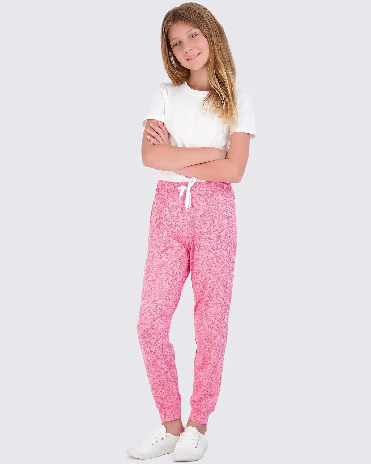 Real Essentials 3 Pack: Girls' Dry-Fit Jogger Sweatpants Soft Active Athletic Kids Joggers with Pockets & Drawstring