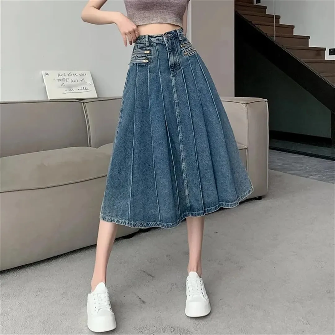 Retro Pleated Denim Skirt for Women's Summer Skirts Slim High Waisted A-Line Skirts