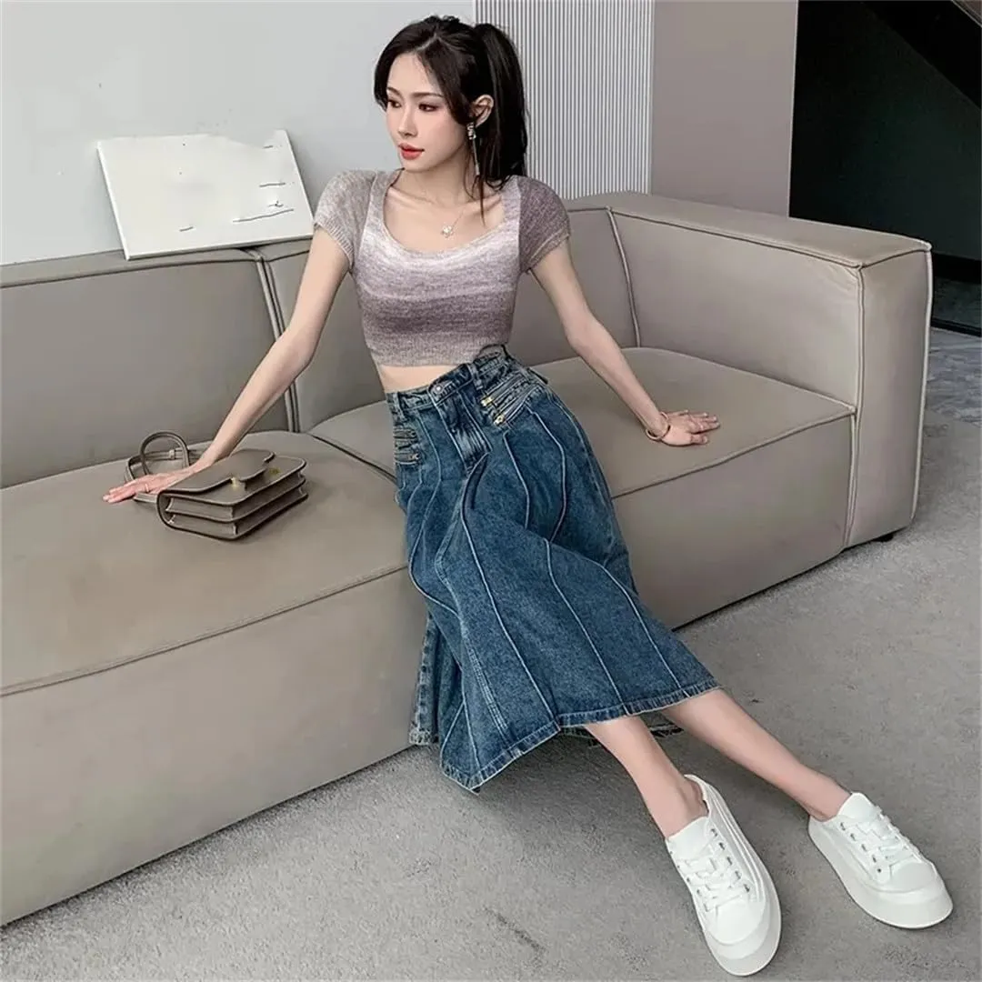 Retro Pleated Denim Skirt for Women's Summer Skirts Slim High Waisted A-Line Skirts