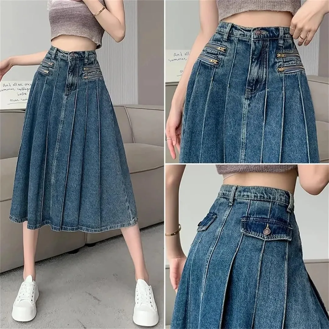 Retro Pleated Denim Skirt for Women's Summer Skirts Slim High Waisted A-Line Skirts