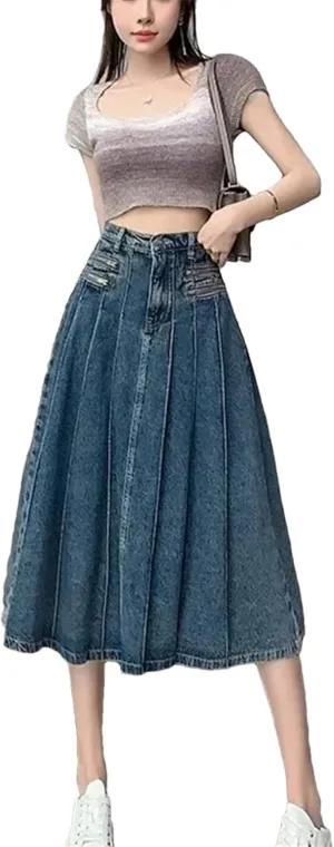 Retro Pleated Denim Skirt for Women's Summer Skirts Slim High Waisted A-Line Skirts