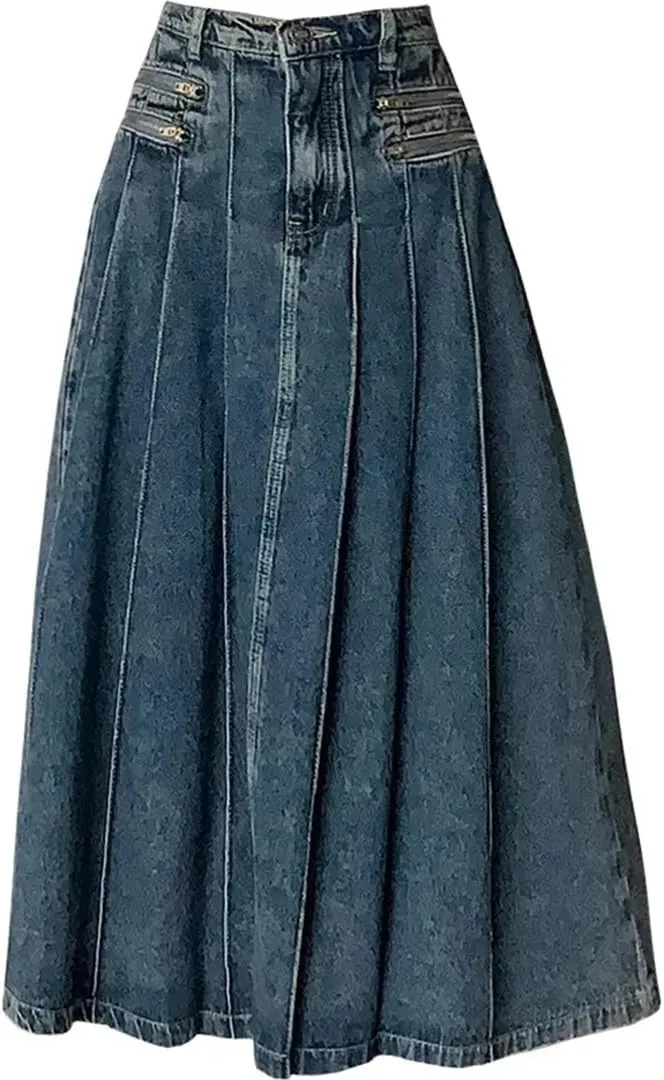 Retro Pleated Denim Skirt for Women's Summer Skirts Slim High Waisted A-Line Skirts