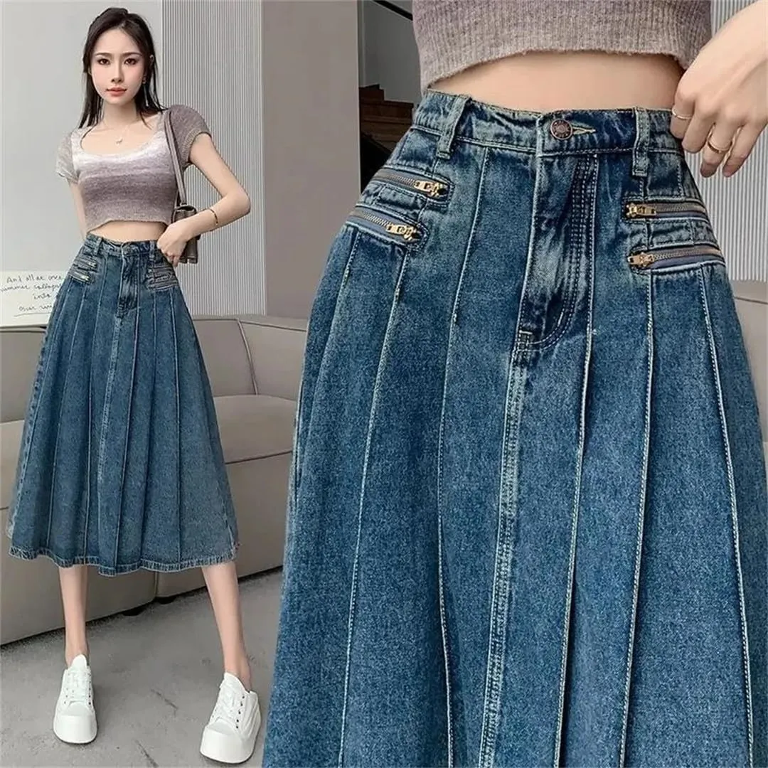 Retro Pleated Denim Skirt for Women's Summer Skirts Slim High Waisted A-Line Skirts