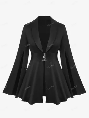 Ros gal plus Größe Gothic weit taillierten Mantel Revers Kragen geteilte Flatter ärmel Pu Panel Reiß verschluss Gürtel geraffte Jacke Outwear schwarz