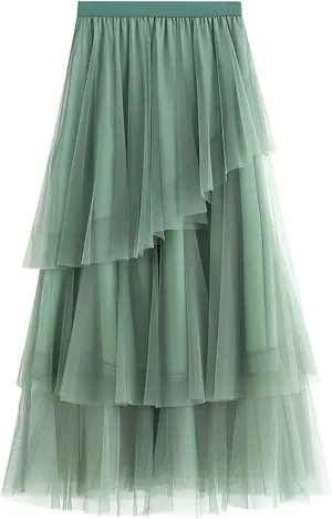 Rvidbe Summer Skirts for Women 2025,Womens Tulle Mesh Ruffle Skirt Tiered Layered Ruffle Skirts Elastic Waist Tutu Midi Skirt