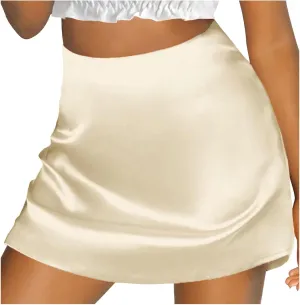 Satin Short Skirts for Women Silk Mini Skirt High Waisted A-Line Zipper Skirts Casual Soild Color Party Skorts Club Y2k Skirt