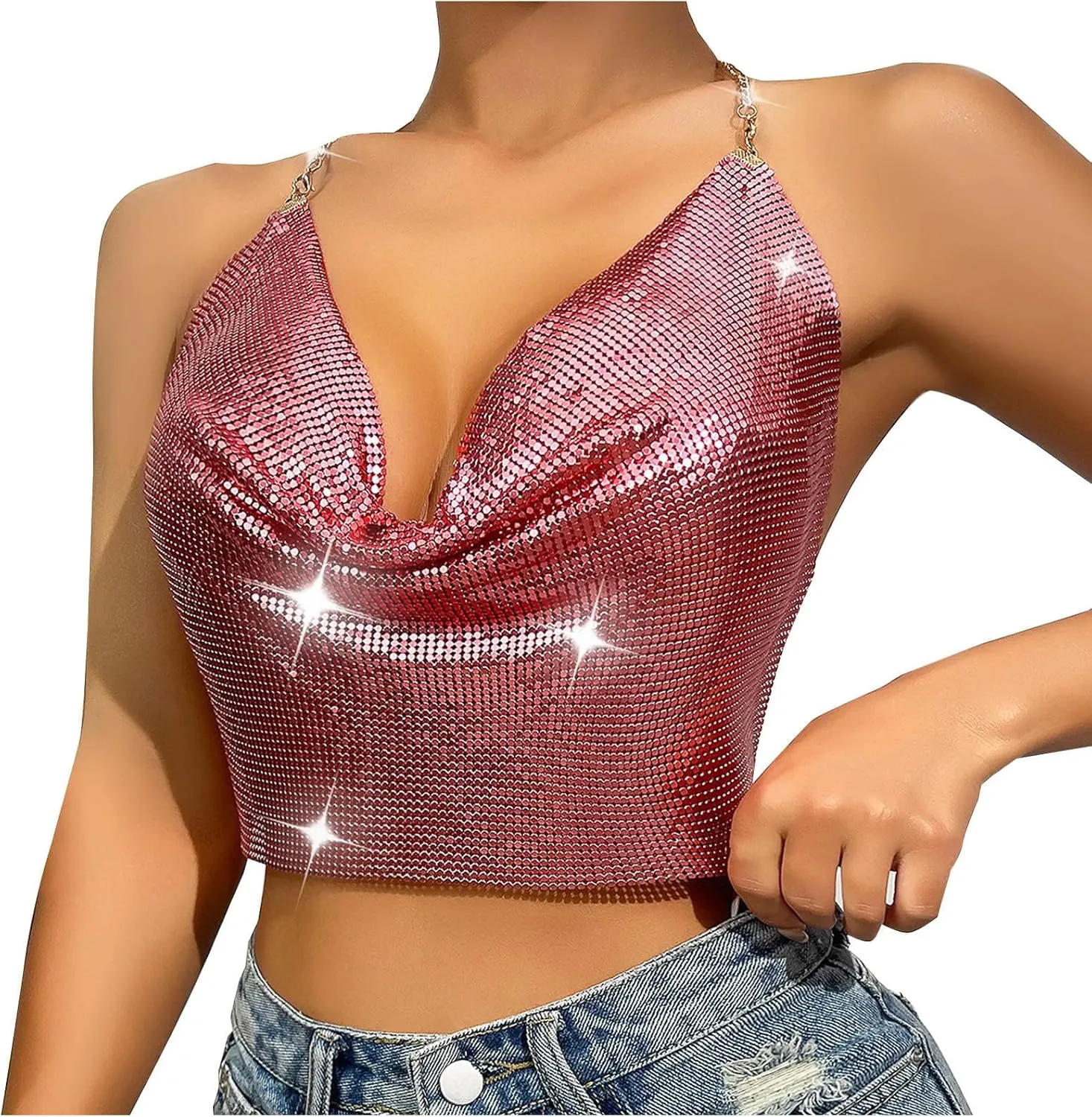 Sequin Crop Tank Tops Womens Sexy Deep V Backless Halter Chain Cami Tops Shiny Rhinestone Camisole for Party Night Club