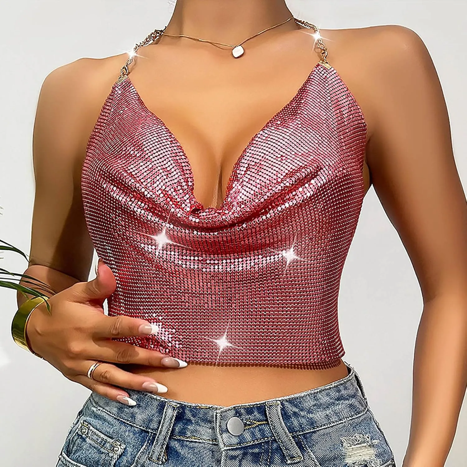 Sequin Crop Tank Tops Womens Sexy Deep V Backless Halter Chain Cami Tops Shiny Rhinestone Camisole for Party Night Club