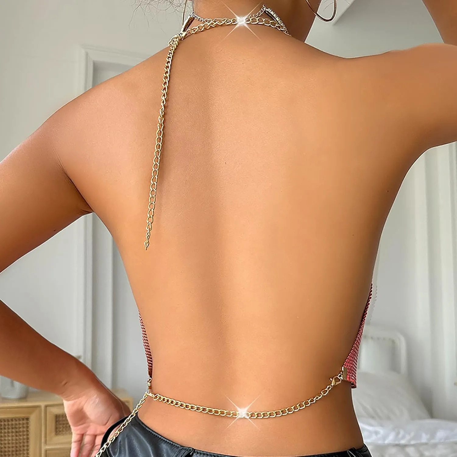 Sequin Crop Tank Tops Womens Sexy Deep V Backless Halter Chain Cami Tops Shiny Rhinestone Camisole for Party Night Club