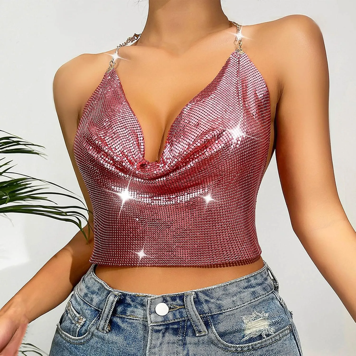 Sequin Crop Tank Tops Womens Sexy Deep V Backless Halter Chain Cami Tops Shiny Rhinestone Camisole for Party Night Club